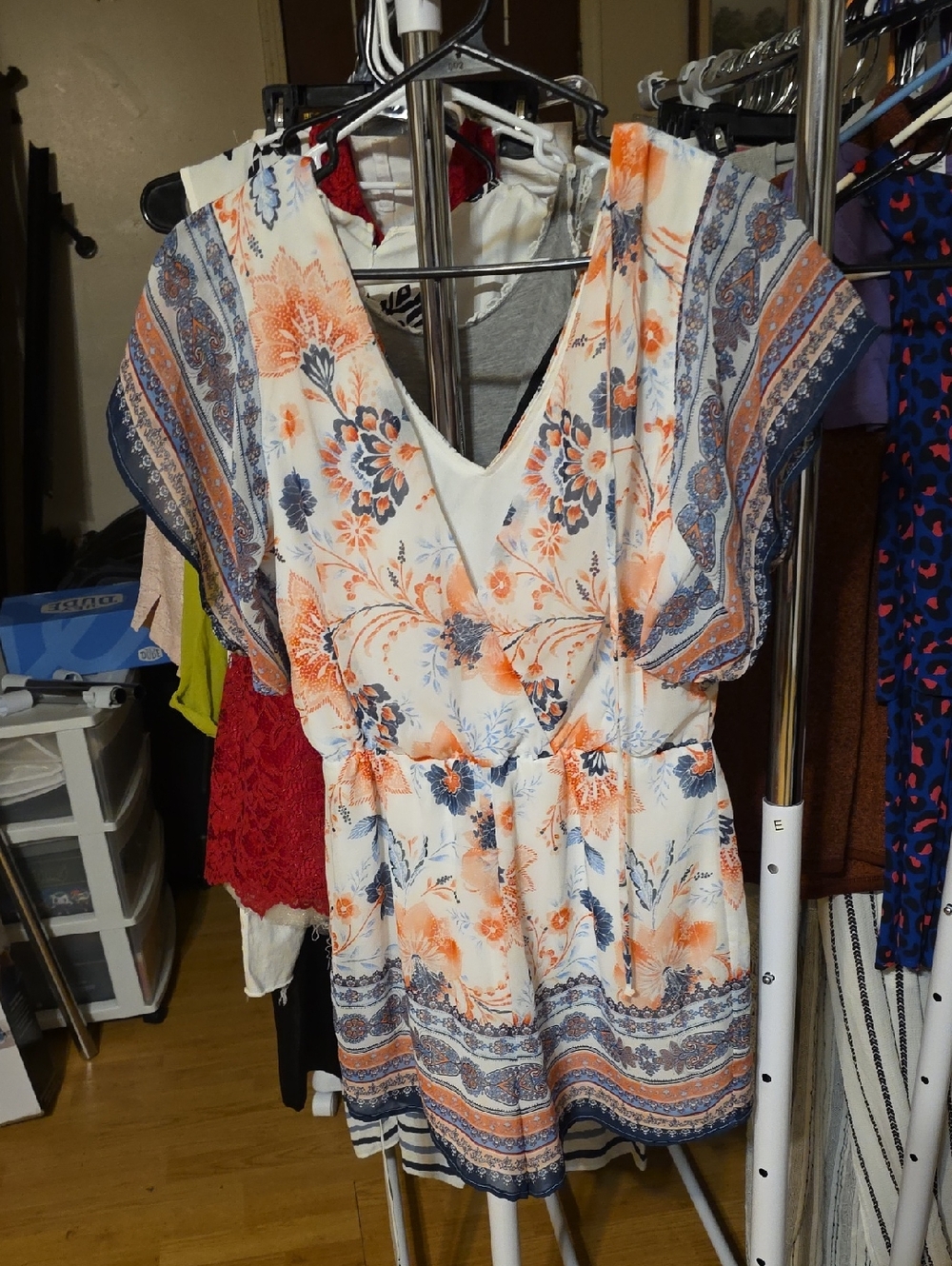 Floral V-Neck Romper in White with Orange & Blue
